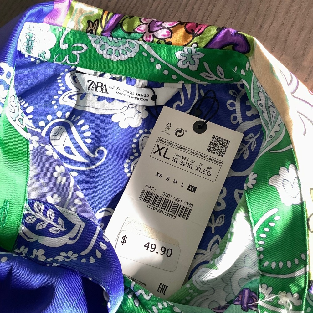 ZARA Womens Patchwork Scarf Print Satin Shirt Multi Color Paisley XL Crop Tie Fr - Picture 13 of 14